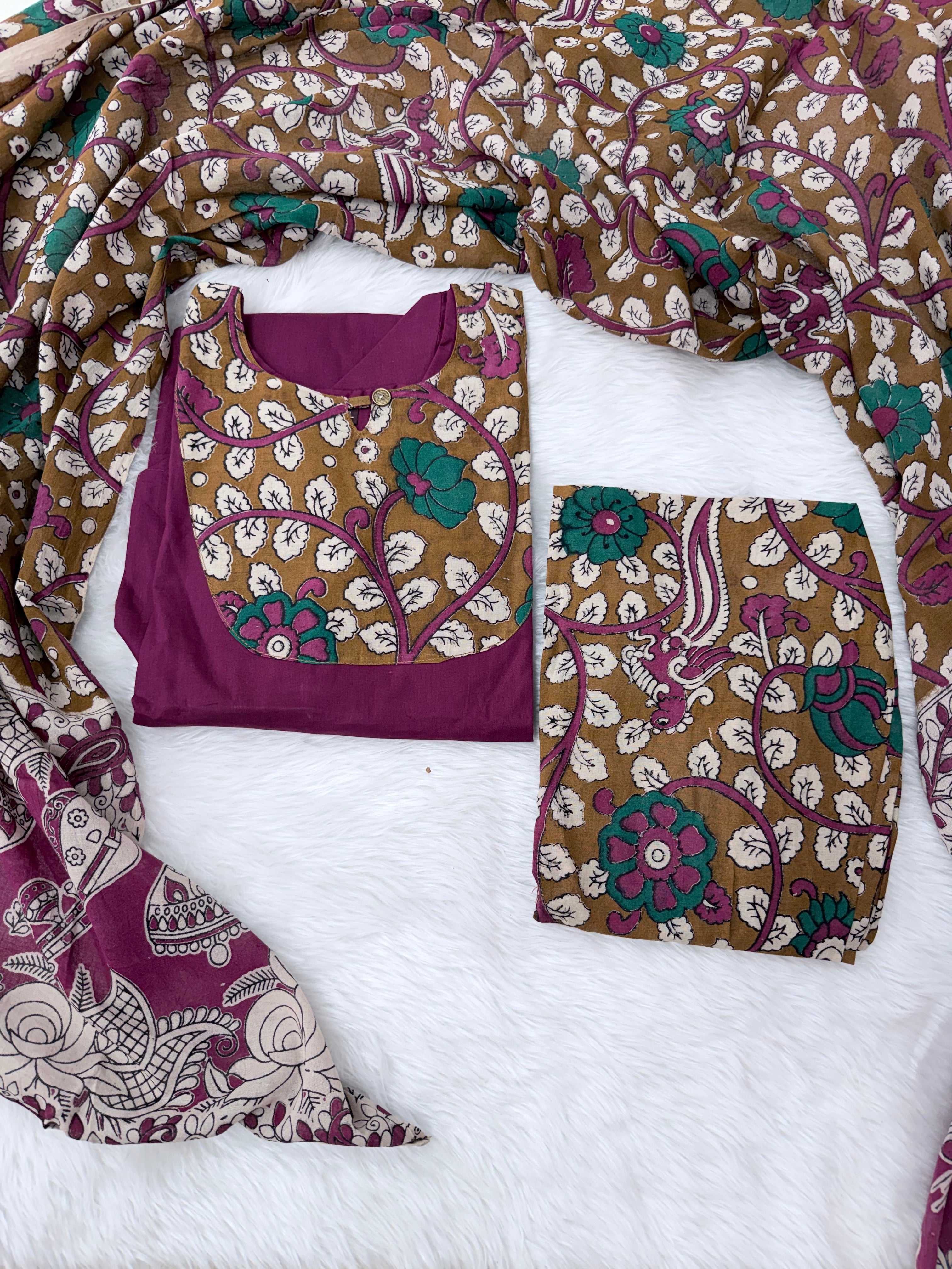 MRC183 Kalamkari cotton 3 piece kurti sets