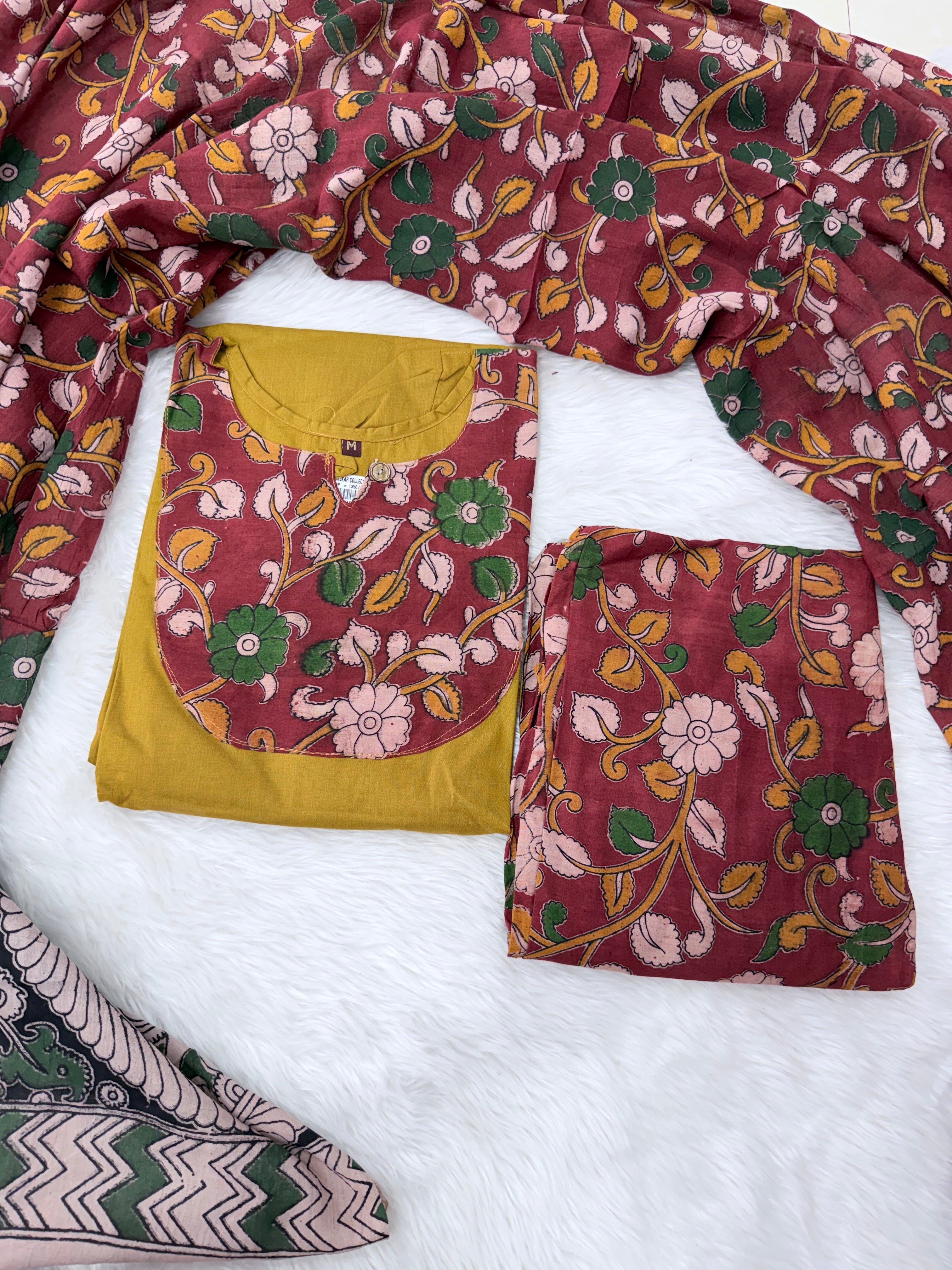 MRC183 Kalamkari cotton 3 piece kurti sets