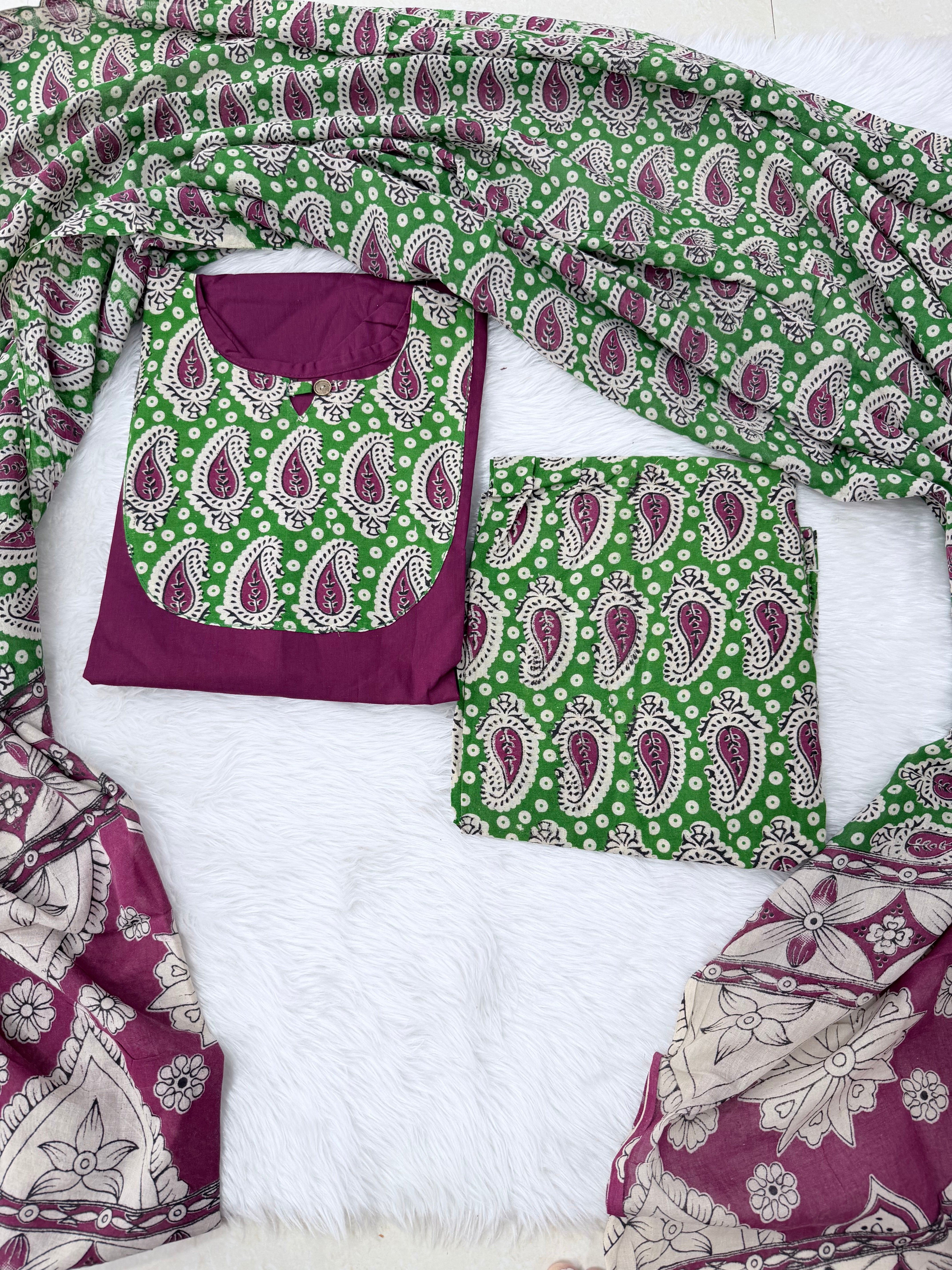 MRC183 Kalamkari cotton 3 piece kurti sets