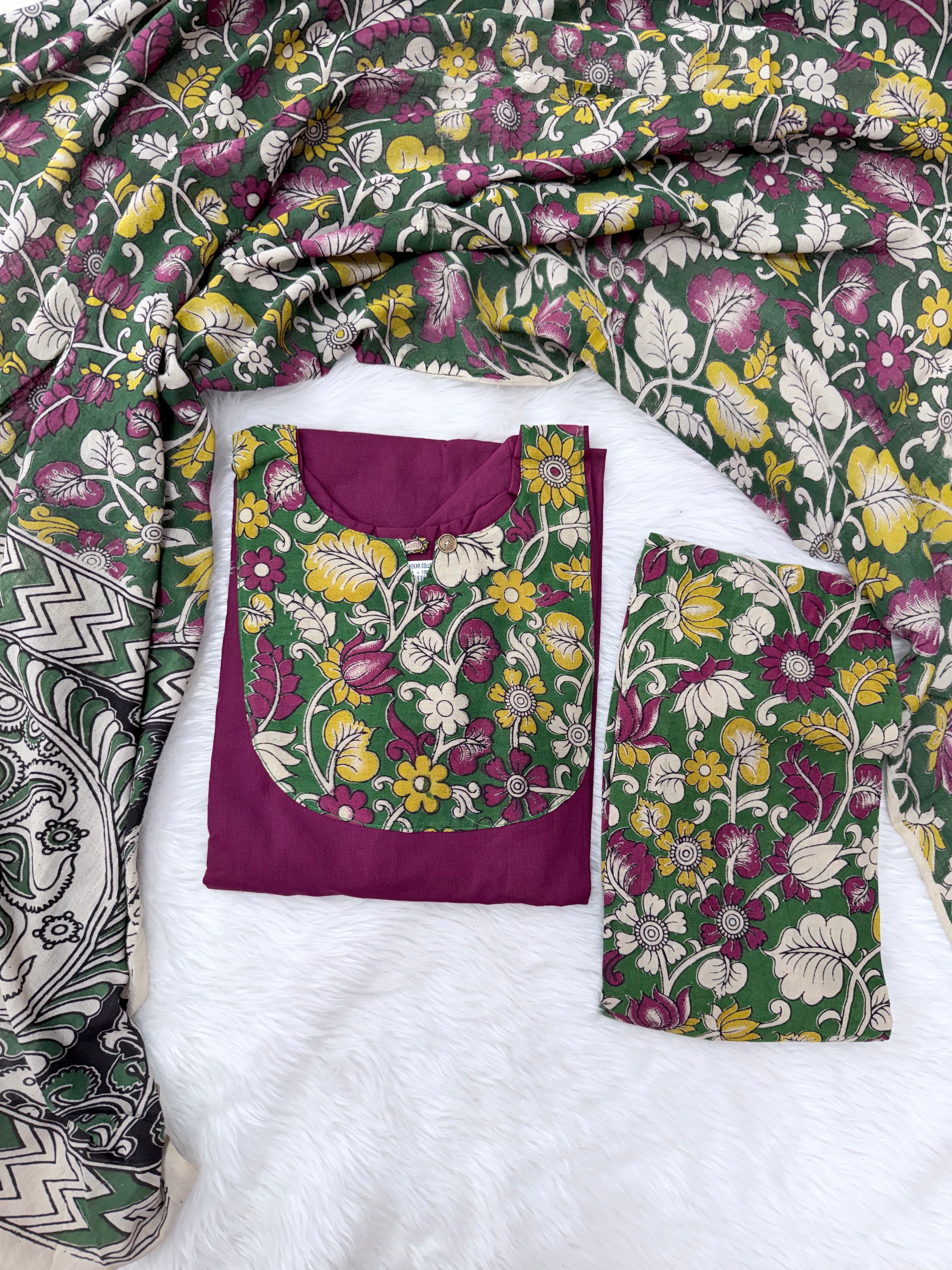 MRC183 Kalamkari cotton 3 piece kurti sets