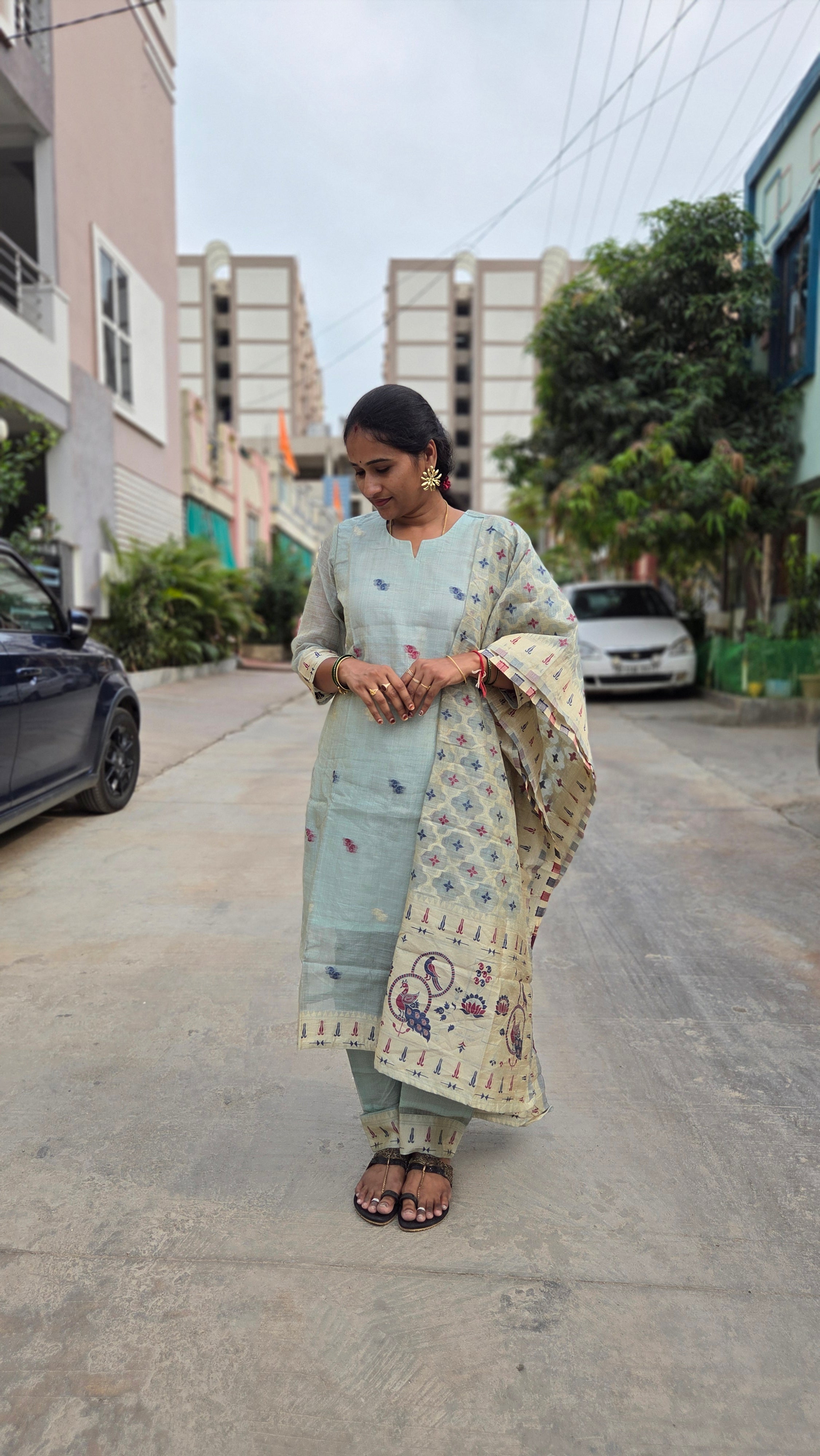MRC70 Jamdani Cotton 3 pieces kurti set with lining